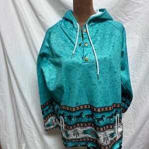 Turquoise Hooded Sweatshirt with Horse Pattern